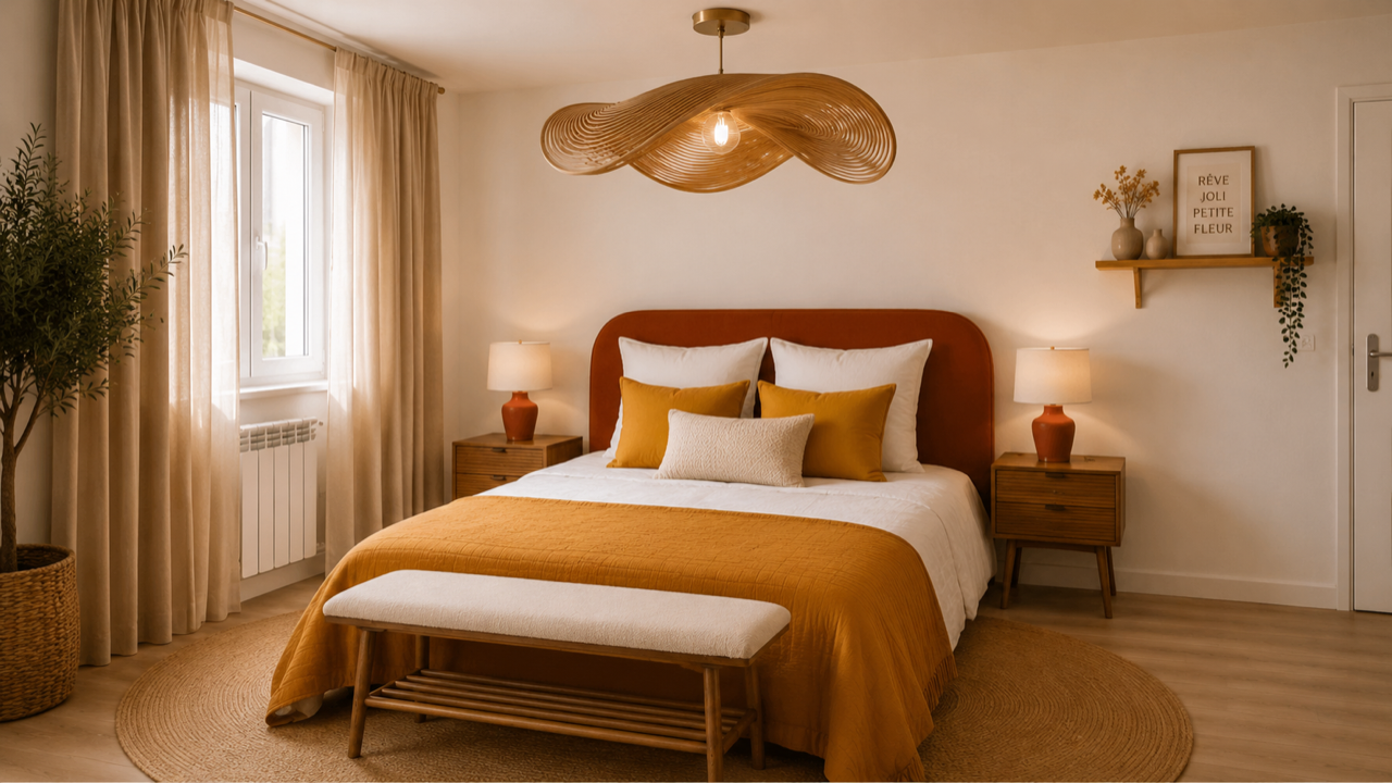 Chambre parentale avec tête de lit terracotta et linge ocre